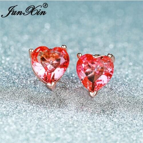 Cute Gradient Pink Yellow Two Tone Small Heart Earrings White Gold Rose Gold Rainbow Crystal Wedding Stud Earrings For Women Cz