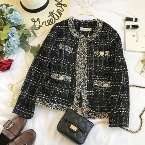 2021 autumn winter new womens elegant temperament small fragrant tassel retro check blazer jacket s626