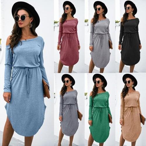 Women Solid Color Pencil Dresses Robe Femme Drawstrig Pockets Slanted Shoulder Long Sleeve Slim Dress For Woman Vestido De Mujer