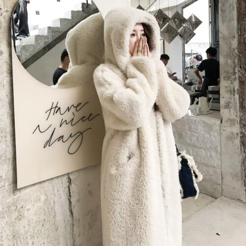 Winter Women High Quality Faux Rabbit Fur Coat Hooded Long Fur Coat Loose Lapel OverCoat Thick Warm Plus Size Female Plush Coats