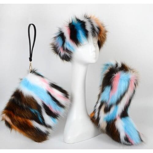 Winter Furry Boots Women Snow Boots With Bag Headband Fashion Gilrs Colorful Fluffy Plush Boots Ladies High Boot Fur Shoes