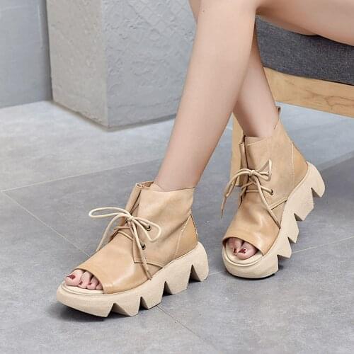 2021 Spring and Summer New Leather Womens Shoes Platform Shoes Cowhide Fish Mouth Sandals Casual Sandals Lace-up Martin Boots