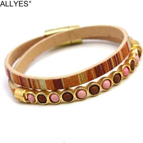 ALLYES Simple Brown Leather Bracelets for Women Fashion Cute Beads Magnetic Clasp Wrap Bracelet Bangle Female Jewelry Gifts