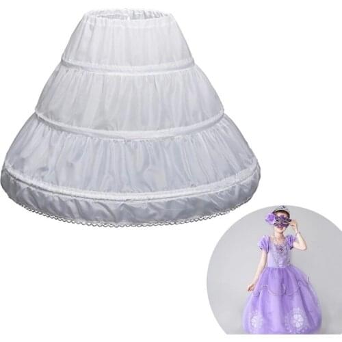 White Children Petticoat A-Line 3 Hoops One Layer Kids Crinoline Lace Trim Flower Girl Dress Underskirt Elastic Waist Drawstring