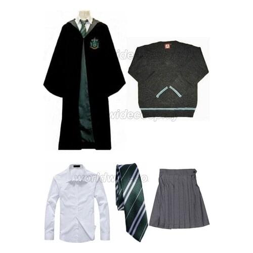 Free Shipping Slytherin Cosplay Robe Cloak Pullover Sweater Shirt Skirt Necktie Badge Custom Made for Christmas