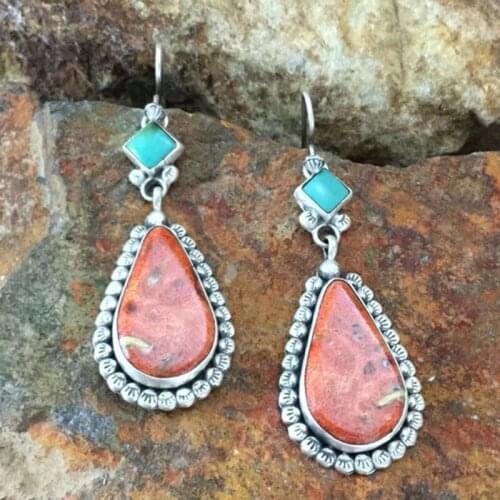Bohemia Big Water Drop Stone Earrings For Women Vintage Jewelry Ethnic Red Green Stone Drop Earring Oorbellen Bijoux L5T134