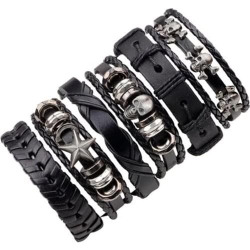 1Set/5-6PCs Punk Rock Skull Star Multi Charm Bracelet For Women Men Gothic Jewelry Braided Rope Leather Bracelet Men