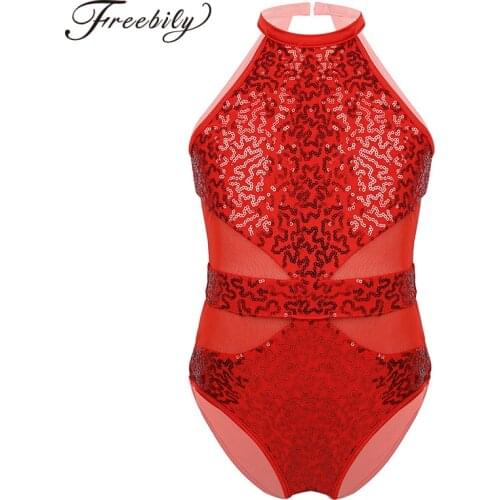 Kids Girls Sleeveless Halter Sparkly Sequins Mesh Splice Cutouts Back Ballet Dance Costume Gymnastics Leotard Children Dancewear
