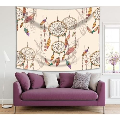 Tapestry Bohemian Dream Catcher with Beads and Feathers Ornamental Ancient Ethnic Artwork in Mustard Pink Print