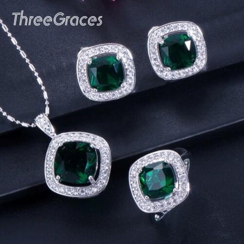 ThreeGraces Summer Green Cubic Zirconia Crystal Necklace Earrings and Ring Sets Fashion Austrian Ladies Party Jewelry JS190