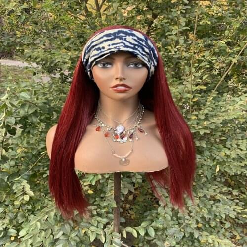 Red wine Headband Wig Human Hair Wigs For Black Women Brazilian Scarf Wig No Gel Glueless Remy Human Hair Wig