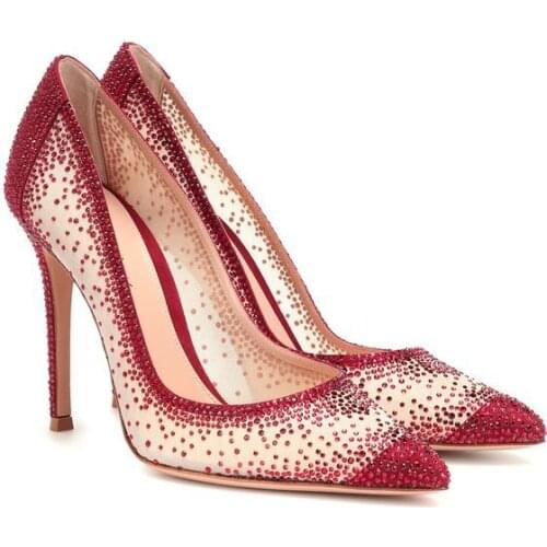 Red Grey Crystal Mesh High Heel Women Mesh Patchwork Pumps Pointed Toe Rhinestone Celebrity Slip On Party Shoes Woman Thin Heel