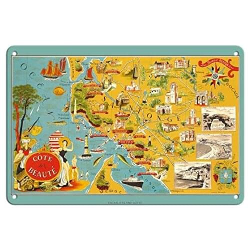 Côte de Beauté, France - French South Western Coastline - Pictorial Map by Lucien Boucher c.1940- Metal Sign