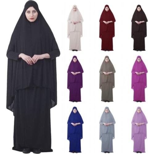 Eid Muslim Women Islamic 2 Peice Prayer Dress Hijab Long Khimar Skirt Set Jilbab Abaya Prayer Worship Service Full Cover Clothes