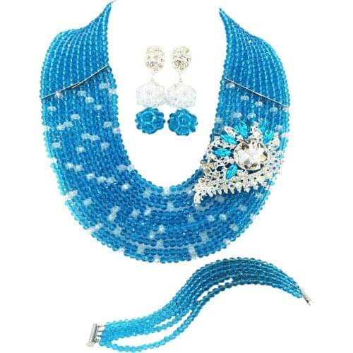 Fashionable Lake Blue Clear AB Crystal Beads African Jewelry Set Nigerian Wedding Necklace Sets 10C-SZ54