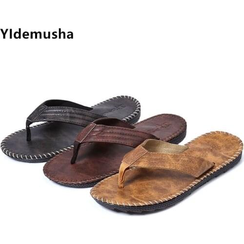 2019 New Fashion Mens Flip Flops PU Leather Luxury Slippers Beach Casual Sandals Summer for Men Fashion Non-slip Slippers