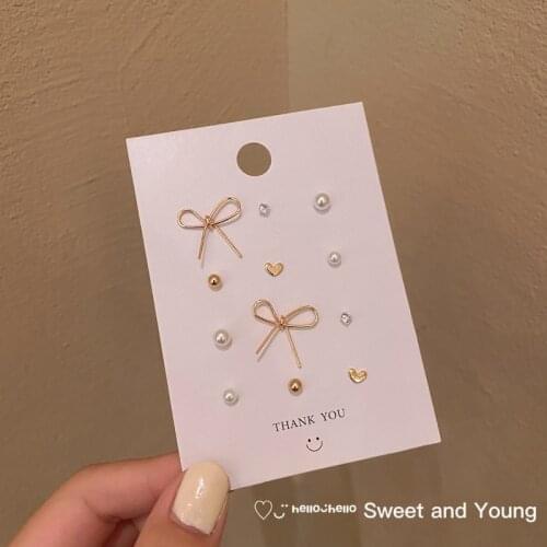Fashionable S925 Bowknot Earrings Set Combination Simple Female Small Pearl Peas Love Earrings Trend