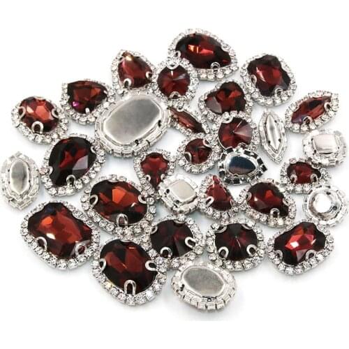 New silver base Wine red crystal buttons mix shape sew on glass rhinestones diy clothing/necklace