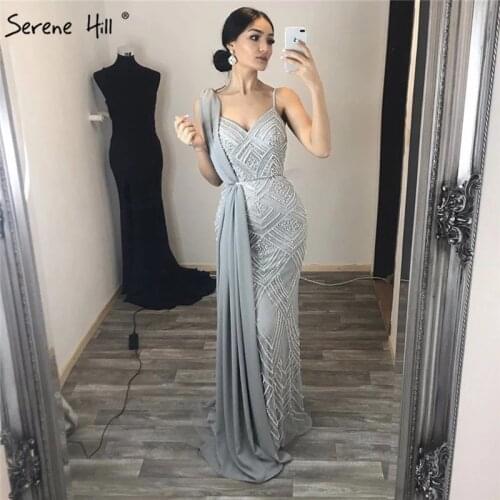 Nude Silver Luxury Mermaid Sexy Evening Dresses Sleeveless Diamond Pearls Fashion Dubai New Gowns BLA6628