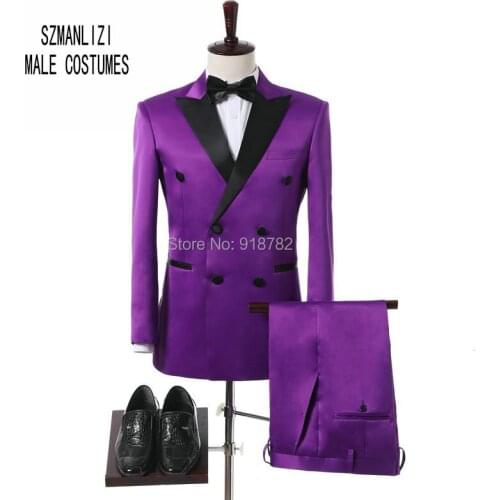 Terno Masculino 2018 New Arrival Custom Made Purple Satin Prom Party Suit Men Double Breasted Suit Wedding Suits For Men