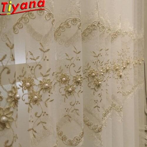Pearl Embroidered Garden White Embroidered Tulle Curtains for Living Room Lace Window Screening Items Window Drapes X-M200#HS