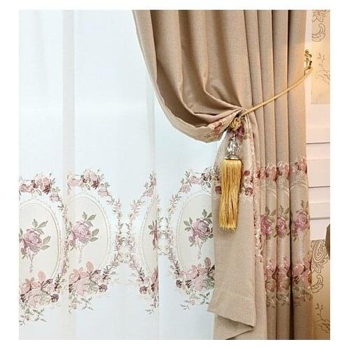 American Country Shading Korean Cotton and Linen Embroidery Blackout Curtains for Living Room Bedroom Girls Room Beige Purple