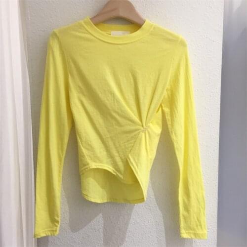 Yellow Korean Style T Shirt Women 0-Neck Long Sleeve Casual Tops