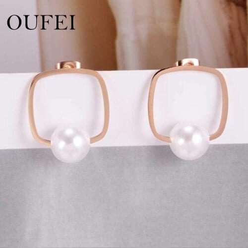 OUFEI stainless steel Rose gold earring woman Korean style design square Freshwater Pearls earring for woman wholesale
