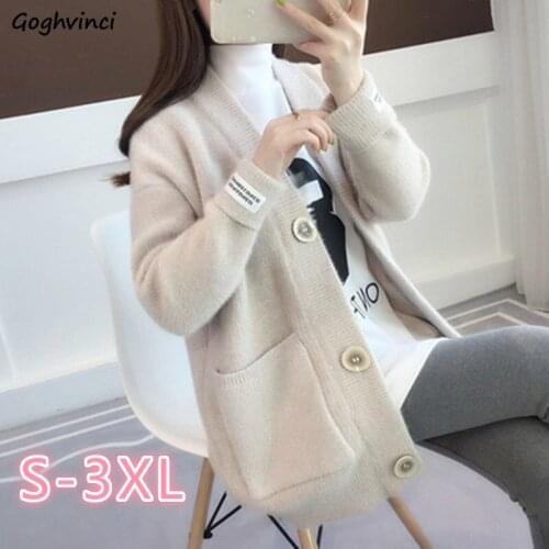 Sweaters Women Autumn Solid Letter Single Breasted Cardigan Pockets Plus Size 3XL Winter Warm Casual Fashion Outwear Preppy Chic