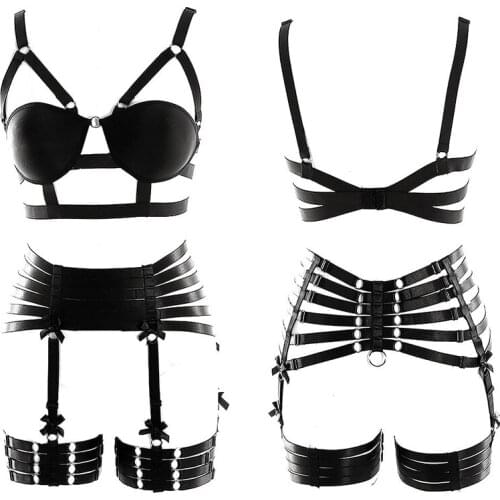 Women Black Strappy Hollow Sexy Lingerie Body Harness Full For Women Harness Body Belts Bondage Garter Set