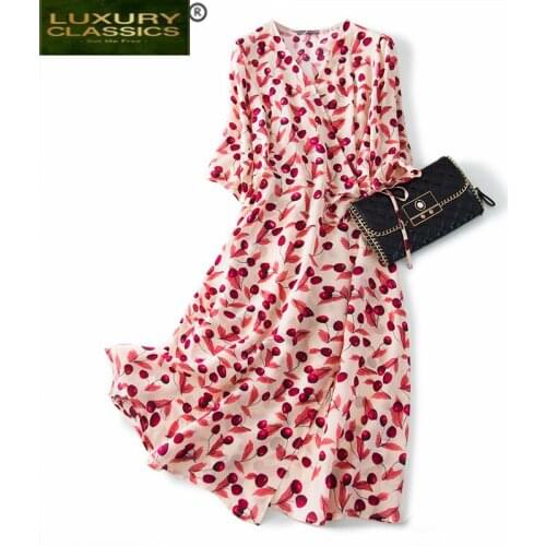 Summer Silk Vintage Real Dress Women Clothes 2021 Elegant Boho Sexy V Neck Floral Dresses Woman Long Party Vestidos A3319