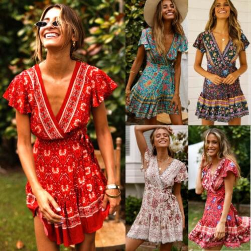 Women Vintage Short Sleeve Print Dress V neck Short Sleeve Boho Floral Mini Dresses Female Summer Holiday Sundress