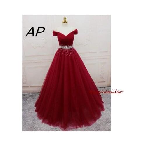ANGELSBRIDEP Tulle Evening Dress Vestido Longo Fashion V-Neck Off-Shoulder Crystal Waist Lace-up Celebrity Formal Party Gown Hot