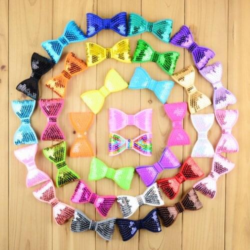 100pcs/lot 32 Color U Pick 3.15 Inch Shiny Sequin Bow Knot Applique Embroidery Boutique Hair Ribbon Bows Without Clips HDJ26