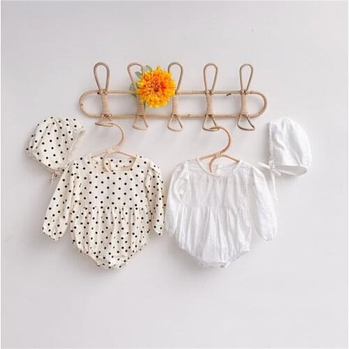 2021 Spring Baby Girls Romper with Hat Polka Dot Pure Cotton White Soft Comfortable Cute Loose Lovely Infant Jumpsuit Bodysuit
