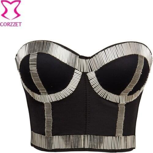 Corzzet Silver Beading Black Cotton Brassiere Plus Up Strapless Bra Adult Night Party DJ Sexy Bra