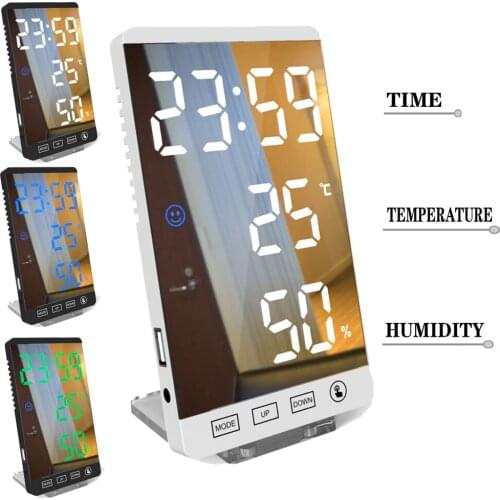 Digital Mirror Electronic Alarm Clock LED Table Clocks Display Temperature Humidity USB Charging Adjust Brightness Touch Control