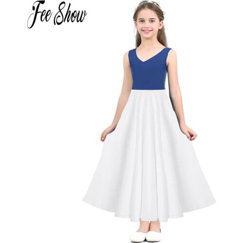 FEESHOW Summer Teenager Girls High Waist Long Maxi Full Circle Skirt for Performance Celebration of Spirit Praise Dance Wear