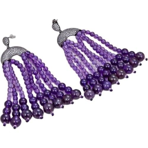 GG Jewelry Natural Round Purple Amethysts CZ Gunmetal Color Plated Stud Earrings For Women