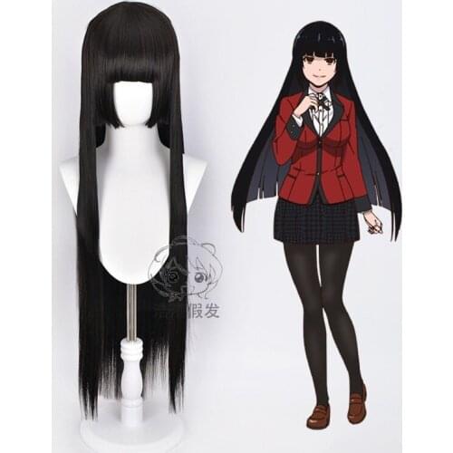 Kakegurui Yumeko Jabami Black Long Straight Compulsive Gambler Cosplay Synthetic Hair Carnival Halloween Party + Free Wig Cap