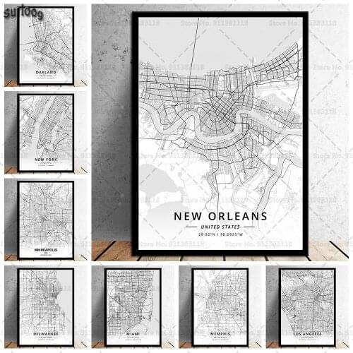 USA Cities Map New York Los Angeles Washington Poster Prints Wall Canvas Painting Poster Picture for Living Room Home Decoration
