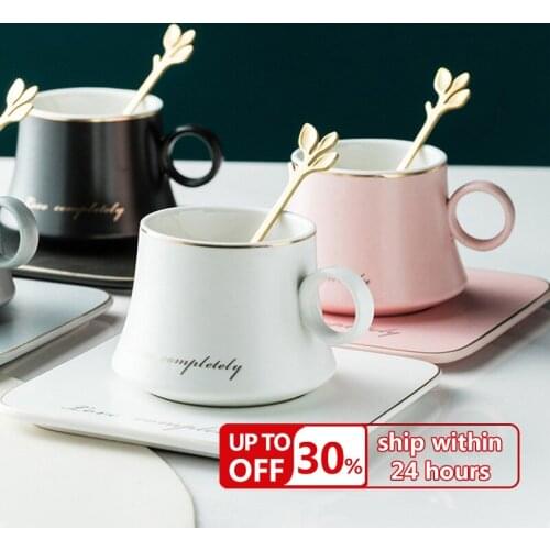 Nordic Ins Ceramic Mug Soy Milk Breakfast Condensed Coffee Tea Cup And Saucer Sets Gold Spoon Mugs Fashion Restaurant Snack Cups