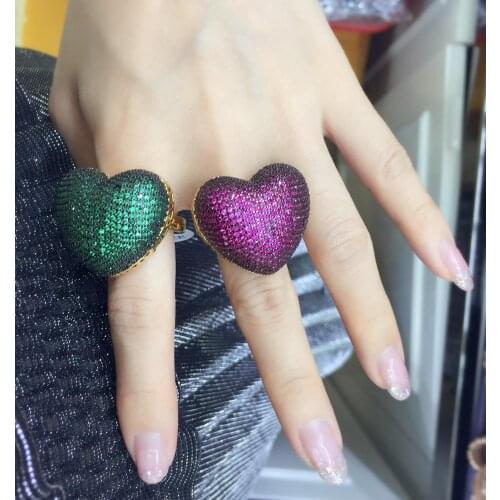 Big Heart Puffed Marine Micro Paved CZ Ring Dubai Style Full Bling Iced Out Cubic Zircon Ring Luxury Jewelry Gift SR13