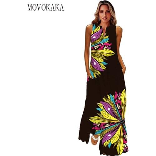 MOVOKAKA Fashion Flower Printed Black Dress 2021 Beach Elegant Casual Plus Size Dresses Summer Woman Sleeveless Maxi Dress Women