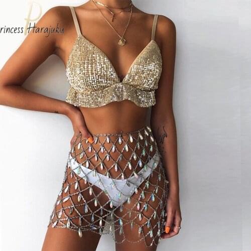 2021 New Chic Skirt Sexy Hollow Out Patchwork Shiny Rhinestone Tassel Metal Link Chain Skirts Festival Women Fashion Sexy Skirt