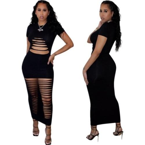 2021 New Short-sleeved African Womens Dress European And American Sexy Hollow-out Solid Color Dress Summer Bohemia Clothing