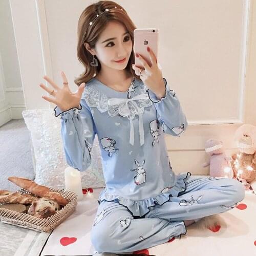 Pajama Sets Women Trim Printed Sleepwear Ruffled Bow Full-length Princess Cute Lady Korean-style Soft Skin-friendly Nightwear