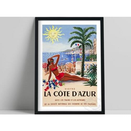World Travel Poster, France Tour Art Prints, La Cote D'Azur Shoreside Scenery Canvas Painting, Vintage Art Wall Decor Souvenir
