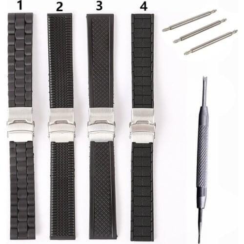 Black Silicone Rubber Watch Band Strap Straight End Bracelet Stainless Steel Double Click Folding Clasp 20 22 mm