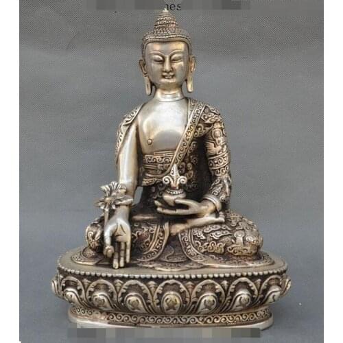 9" Old Tibet Buddhism Fane Silver Sakyamuni Healing Herbs Medicine Buddha Statue